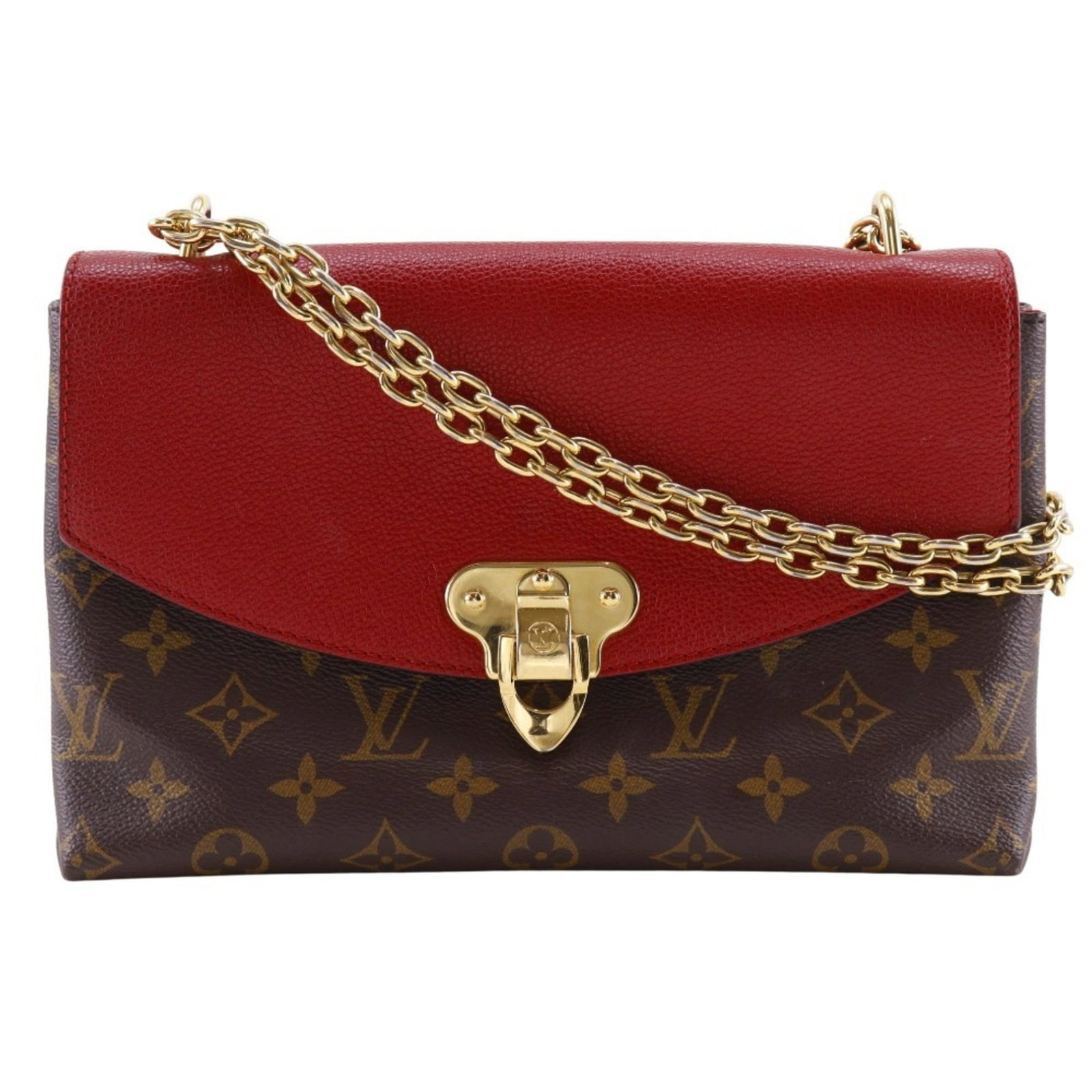 Shoulder Bag Monogram By Louis Vuitton: Shoulder Bag Monogram By Louis Vuitton Monogrammed with iconic Louis Vuitton design, this shoulder bag boasts a classic brown and cerise color combination. Featuring a magnet closure and adjustable