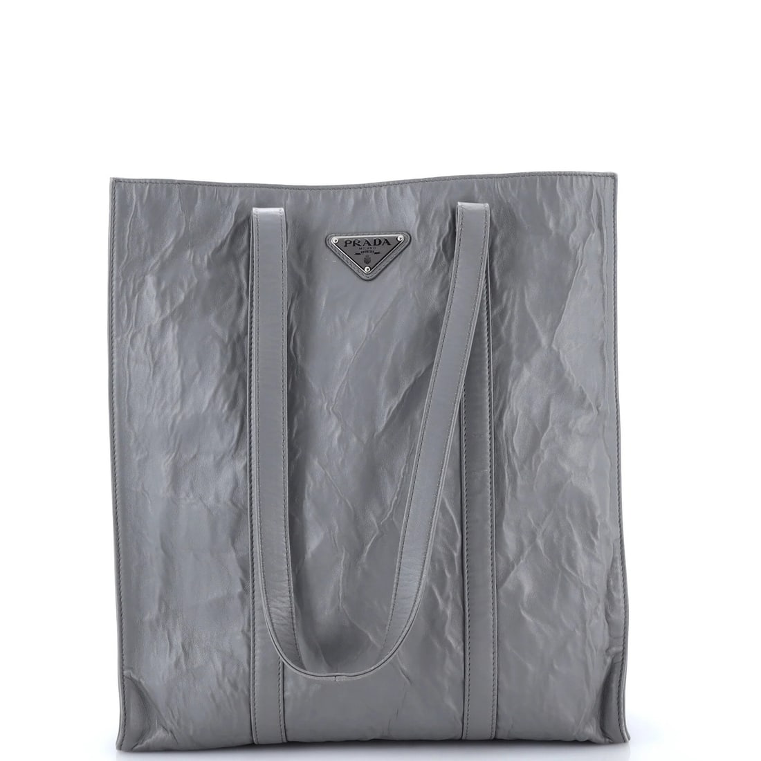 Antique nappa tote shopper small: Antique nappa tote shopper small Small antique Prada nappa tote shopper with classic gray exterior and matching interior, featuring silver hardware. Minor wear and scuffs on the exterior and