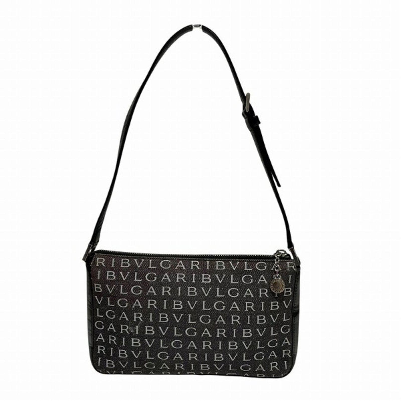 Bvlgari Handbag Shoulder Bag Canvas Leather: Bvlgari Handbag Shoulder Bag Canvas Leather Canvas and leather blend in sleek black and white hues, defining the Bvlgari shoulder bag's modern aesthetic. With its spacious interior and adjustable