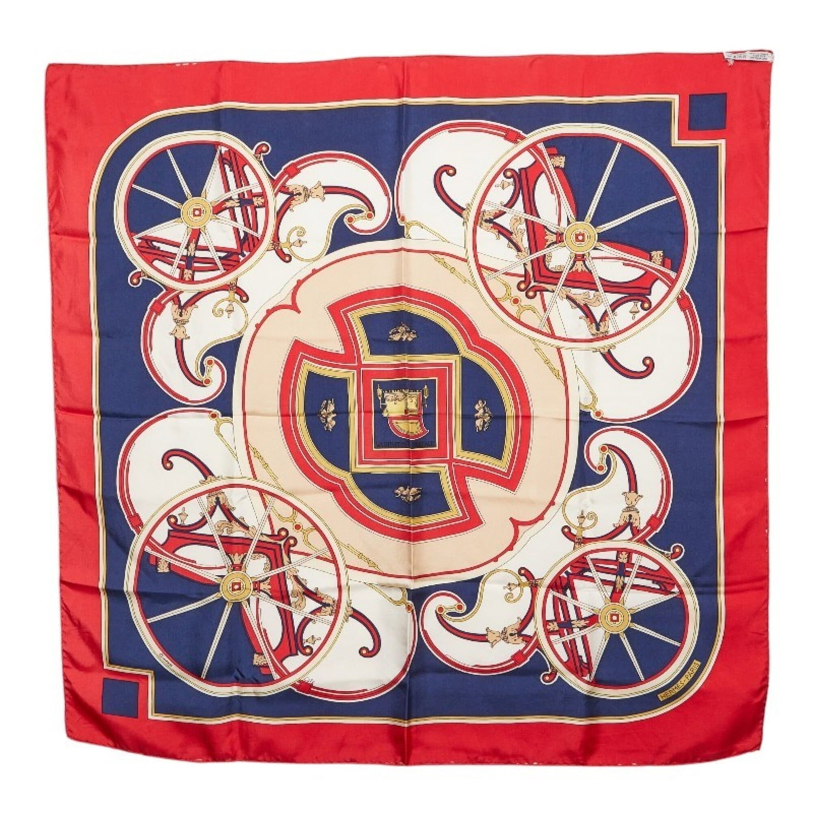 Hermes Silk Scarf: Hermes Silk Scarf Silk from the renowned French luxury brand, Hermes, adorns this vibrant multi-color scarf, complemented by navy and red accents. Measuring 87cm x 86.5cm, it boasts a classic size per