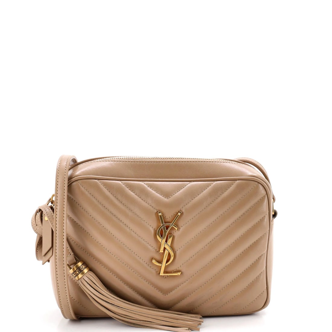 Lou Saint Laurent Camera Small Matelasse Bag Chevron Leather: Lou Saint Laurent Camera Small Matelasse Bag Chevron Leather Small Lou Saint Laurent Camera Matelasse Chevron Leather Bag in Neutral Exterior with Black Interior and Gold Hardware. This small cross bo