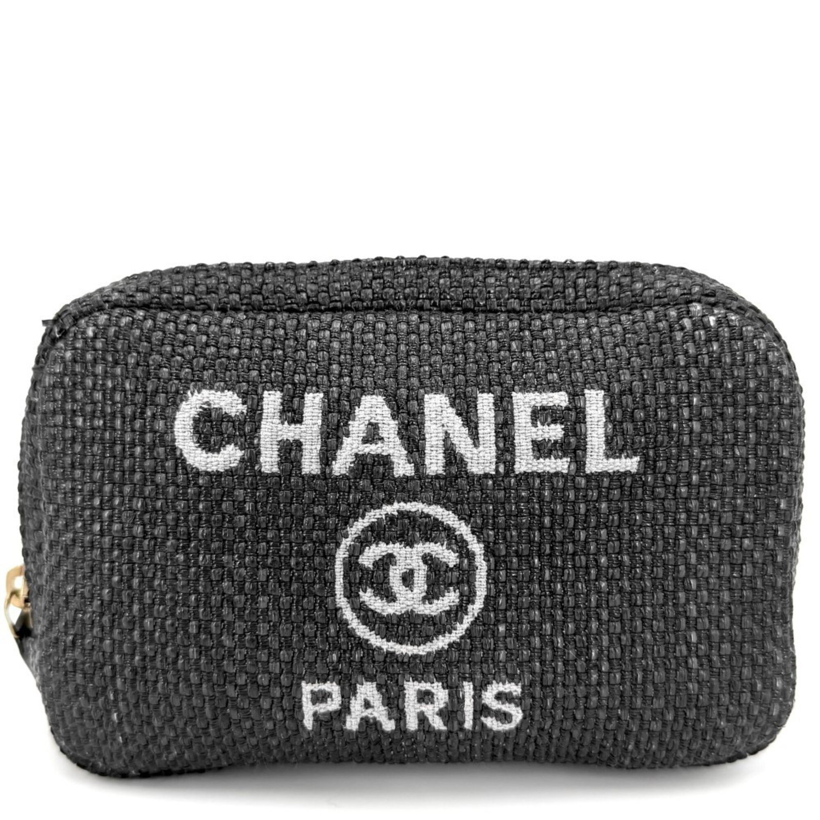 Raffia Leather Chanel Pouch: Raffia Leather Chanel Pouch Raffia leather Chanel pouch in black, measuring 10cm x 14cm x 3.5cm. This stylish accessory combines the natural texture of raffia with the luxury feel of leather,
