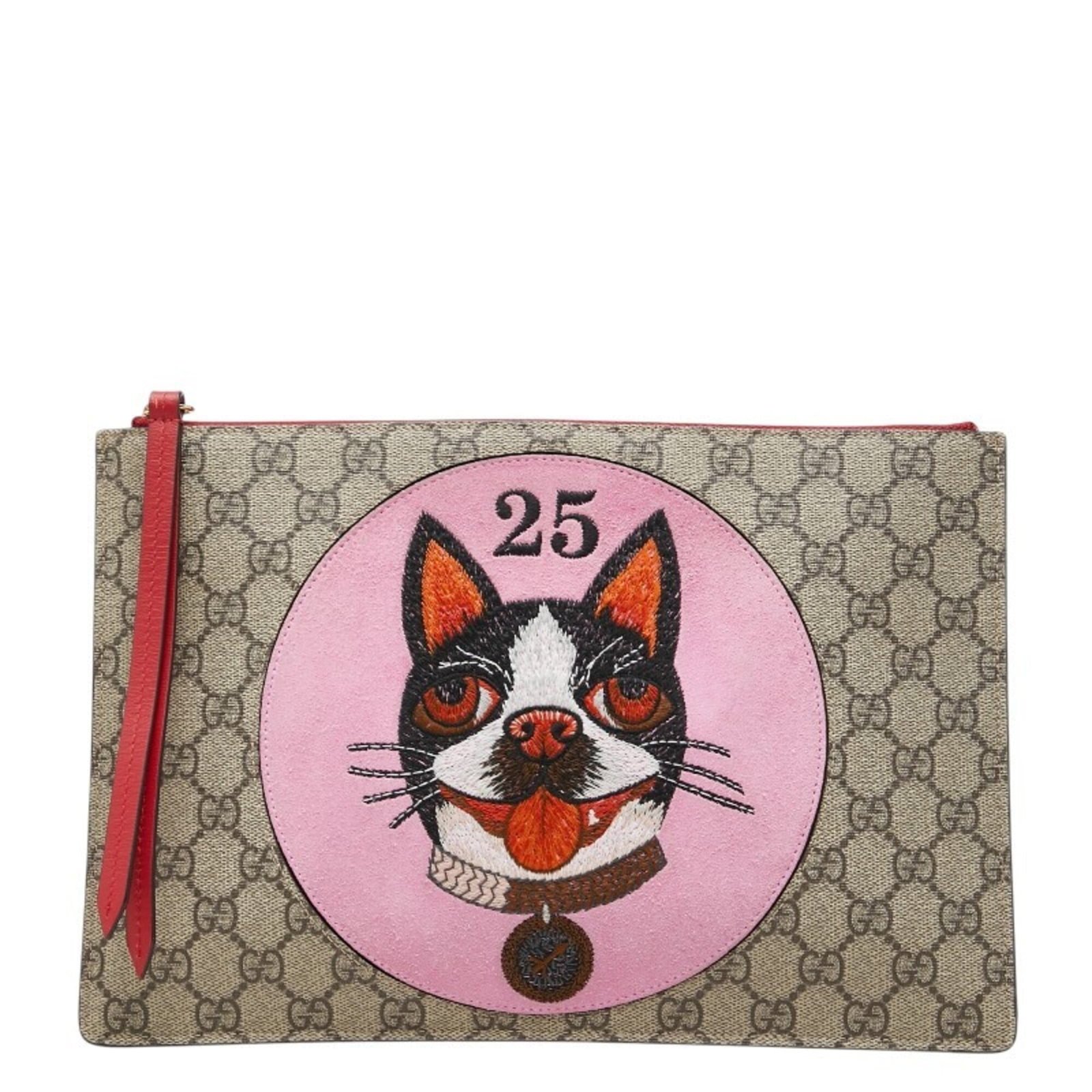 PVC leather suede clutch bag by Gucci: PVC leather suede clutch bag by Gucci PVC, leather, and suede come together in this unique Gucci clutch bag, featuring a distinctive multi-color design in beige. The compact size makes it perfect for 