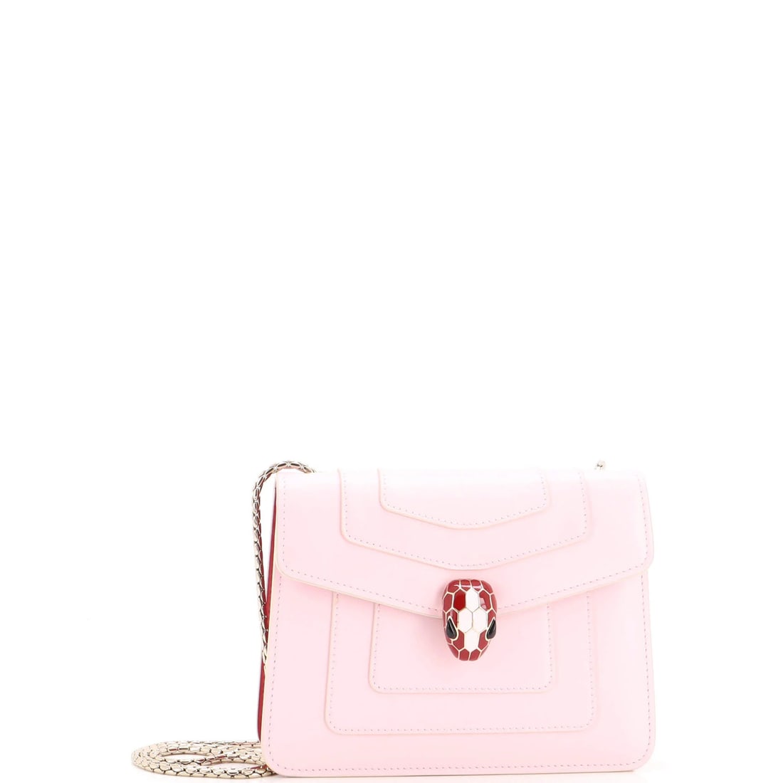 Serpenti Forever Square Leather Small Shoulder Bag: Serpenti Forever Square Leather Small Shoulder Bag The Serpenti Forever Square Leather Small Shoulder Bag boasts a vibrant pink exterior and elegant burgundy interior, adorned with gold-tone hardware.