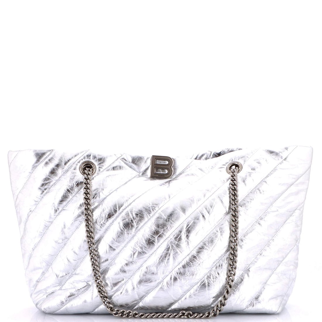 Balenciaga Crush Carry All Chain Tote Quilted Leather Medium: Balenciaga Crush Carry All Chain Tote Quilted Leather Medium The Balenciaga Crush Carry All Chain Tote Quilted Leather Medium offers a sleek, metallic exterior and quilted leather design. With its