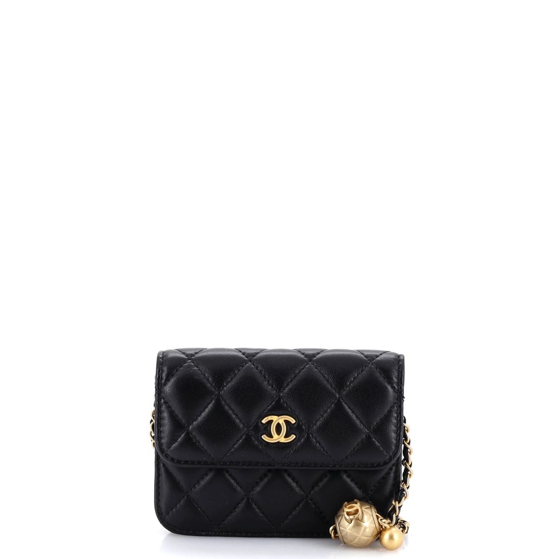 Chanel Pearl Clutch with Chain Lambskin Quilted Crush Mini: Chanel Pearl Clutch with Chain Lambskin Quilted Crush Mini Black Pearl Crush Flap Clutch with Chain Quilted Lambskin Mini from Chanel, featuring a classic cross body design and minor scuffs on the
