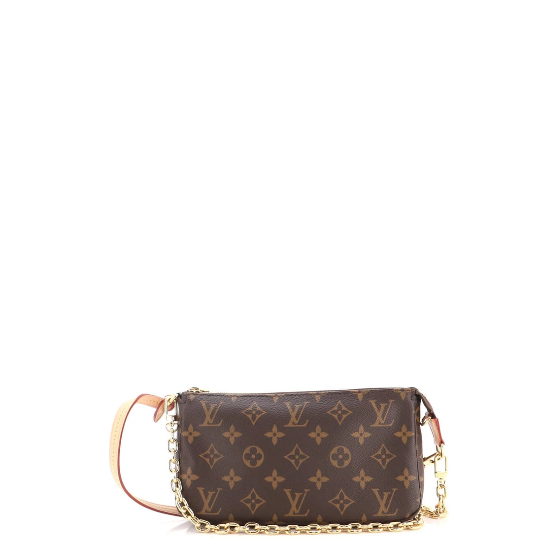 Monogram Canvas Accessoires Pochette Chain Louis Vuitton: Monogram Canvas Accessoires Pochette Chain Louis Vuitton Chain Pochette Accessoires in Brown Monogram Canvas with Extra Strap, featuring scuffs and edge wear on the exterior. This classic Louis
