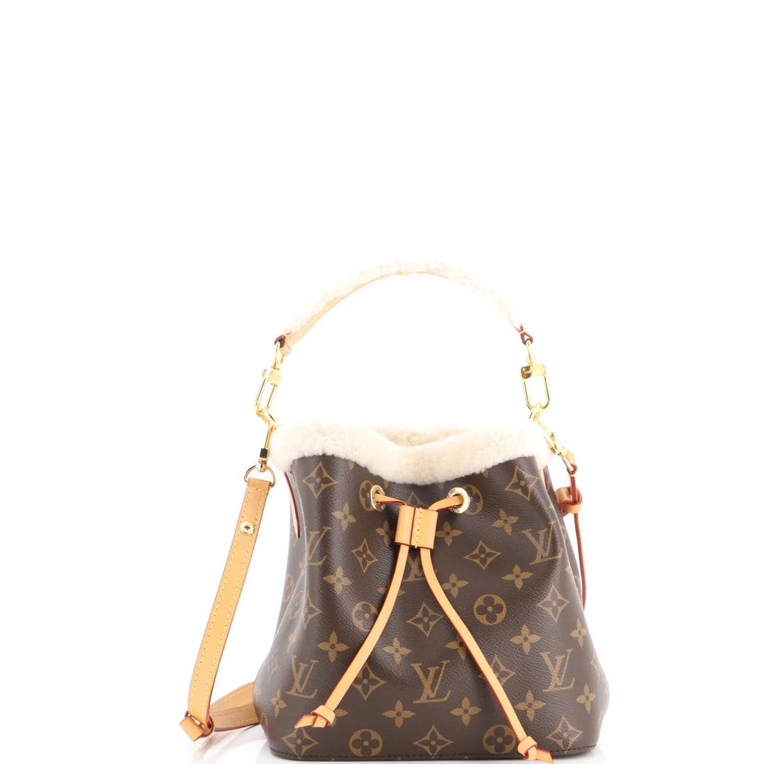 Louis Vuitton NeoNoe Handbag Monogram Canvas with Shearling BB: Louis Vuitton NeoNoe Handbag Monogram Canvas with Shearling BB Brown Louis Vuitton NeoNoe Handbag Monogram Canvas with Shearling BB features a canvas-coated shearling exterior and neutral microfiber