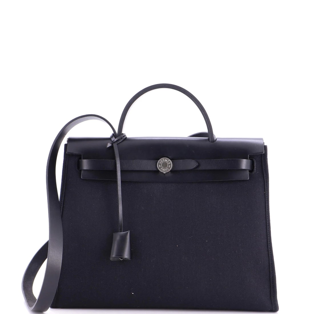 Hermes Herbag Zip Leather and Toile 31: Hermes Herbag Zip Leather and Toile 31 Black Herm?s Herbag Zip Leather and Toile 31 shoulder bag with palladium hardware, featuring scuffs and minor creases on the exterior. The interior is made of ca