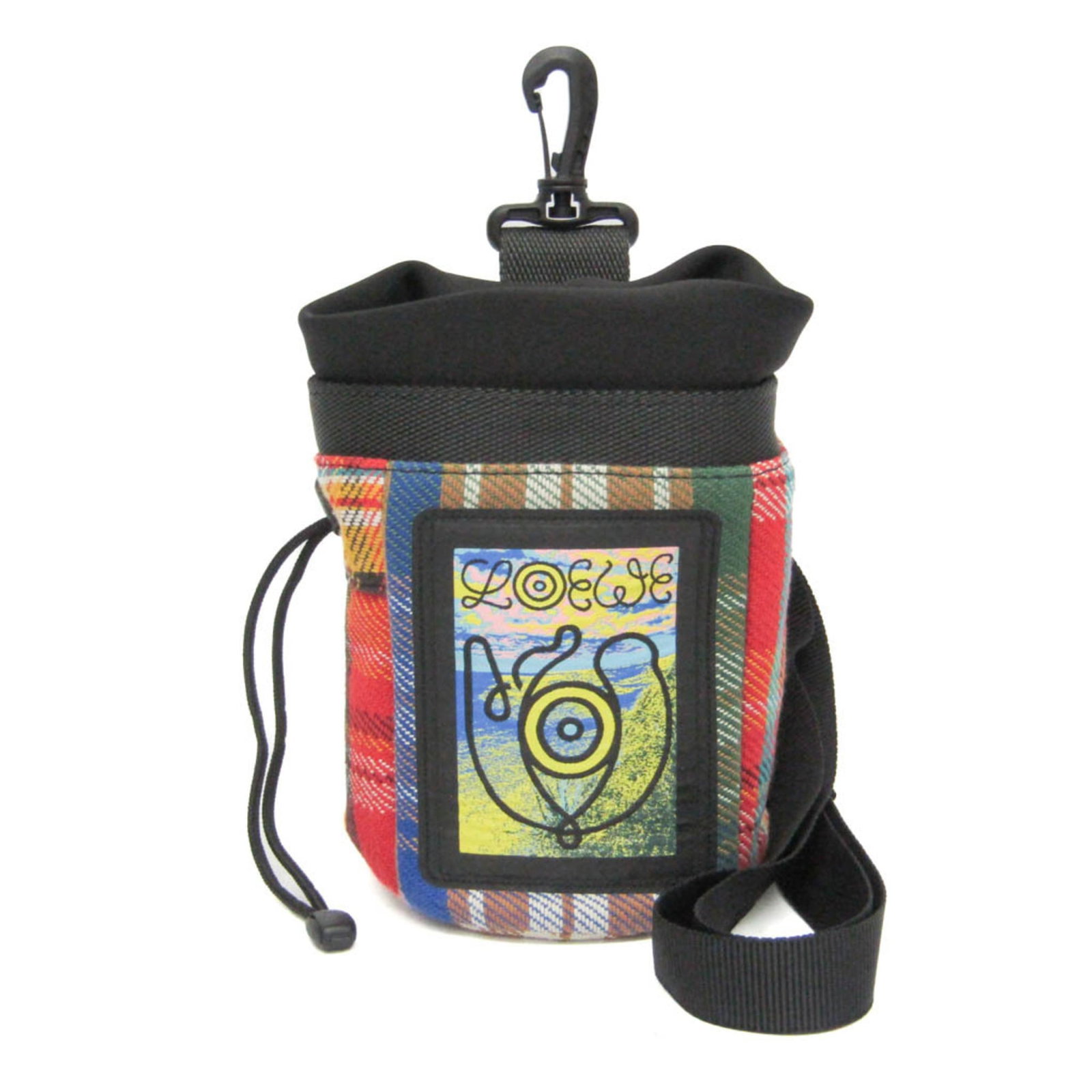 Pouch Bag Cotton Nylon Loewe Shoulder: Pouch Bag Cotton Nylon Loewe Shoulder Black and red checked cotton nylon Loewe shoulder bag with adjustable strap, zipper outer pocket, and string closure. Notable for its unique combination of
