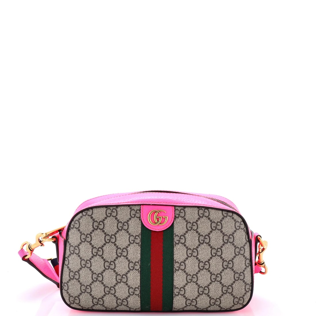 Small leather coated canvas bag convertible camera Gucci GG: Small leather coated canvas bag convertible camera Gucci GG Pink canvas coated leather Gucci GG convertible camera bag with neutral interior, featuring aged gold hardware and minor scuffs on