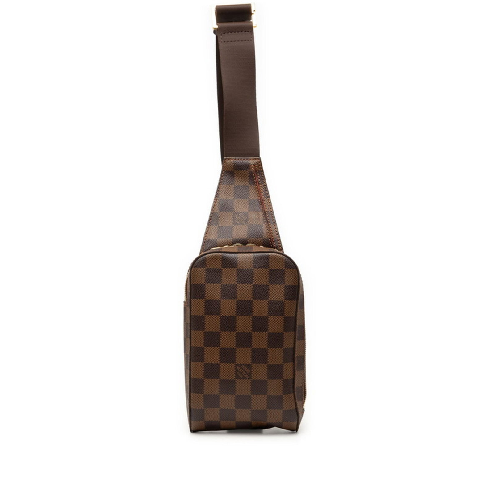 PVC Leather Louis Vuitton Sling Bag: PVC Leather Louis Vuitton Sling Bag PVC Leather Louis Vuitton Sling Bag in Brown Damier Canvas, featuring a unique blend of PVC and leather materials. The bag measures 19cm x 11cm x 6cm and boasts