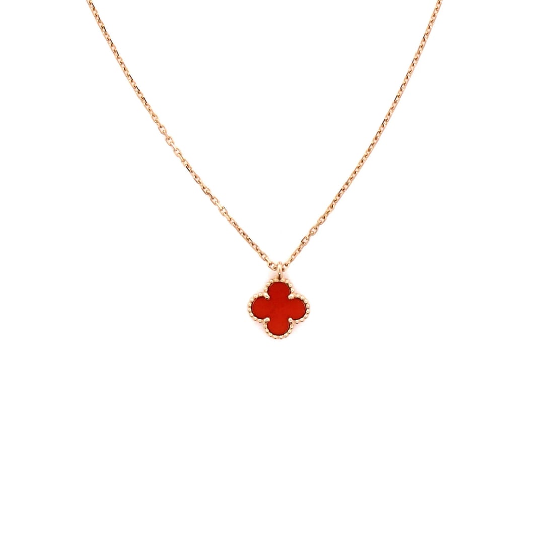 Van Cleef & Arpels Sweet Alhambra Pendant Necklace 18K Rose Gold and Carnelian: Van Cleef & Arpels Sweet Alhambra Pendant Necklace 18K Rose Gold and Carnelian 18K Rose Gold and Carnelian Sweet Alhambra Pendant Necklace. This elegant necklace features a stunning 11.60mm pendant ma