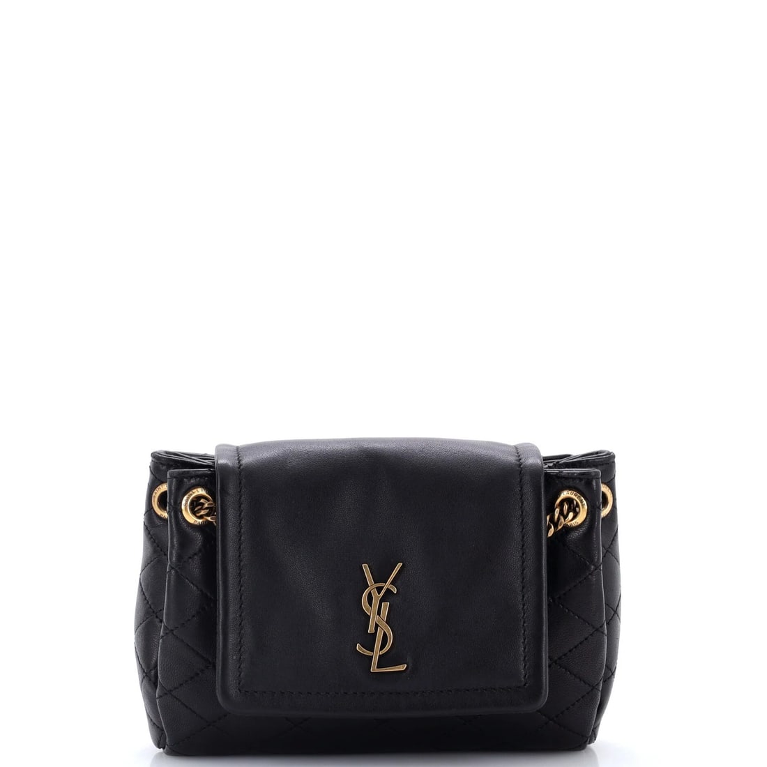 Saint Laurent Mini Quilted Leather Satchel Nolita: Saint Laurent Mini Quilted Leather Satchel Nolita Black quilted leather mini cross body bag from the Saint Laurent Nolita collection, featuring heavy edge wear and scuffs on exterior. The interior
