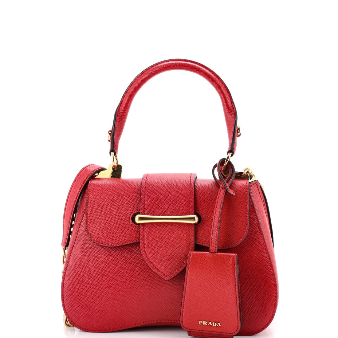 Saffiano leather small top handle bag Prada Sidonie: Saffiano leather small top handle bag Prada Sidonie Saffiano leather top handle bag from the iconic Prada Sidonie style, featuring a bold red exterior and sleek gold hardware. This small but stylish