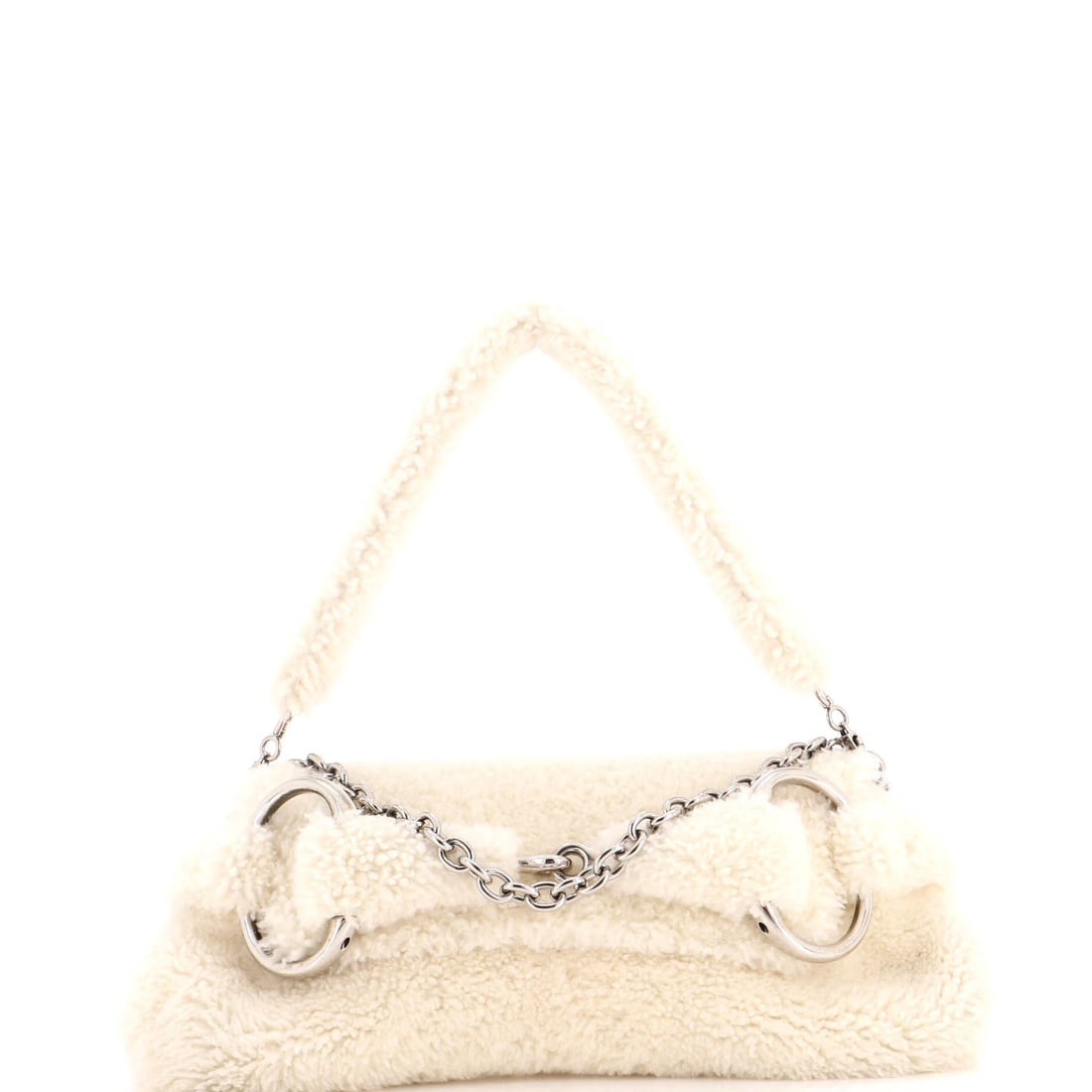 Shearling shoulder chain bag horsebit medium: Shearling shoulder chain bag horsebit medium Shearling shoulder chain bag with horsebit detail, featuring neutral white exterior and leather interior. Measuring 6.5" in height, 14" in width, and 2.5"