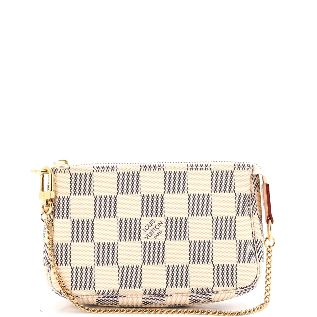 Louis Vuitton Pochette Accessoires Damier Mini: Louis Vuitton Pochette Accessoires Damier Mini White canvas coated Louis Vuitton Pochette Accessoires Damier Mini clutch features a neutral interior and gold hardware. Measuring 4" in height, 6" in