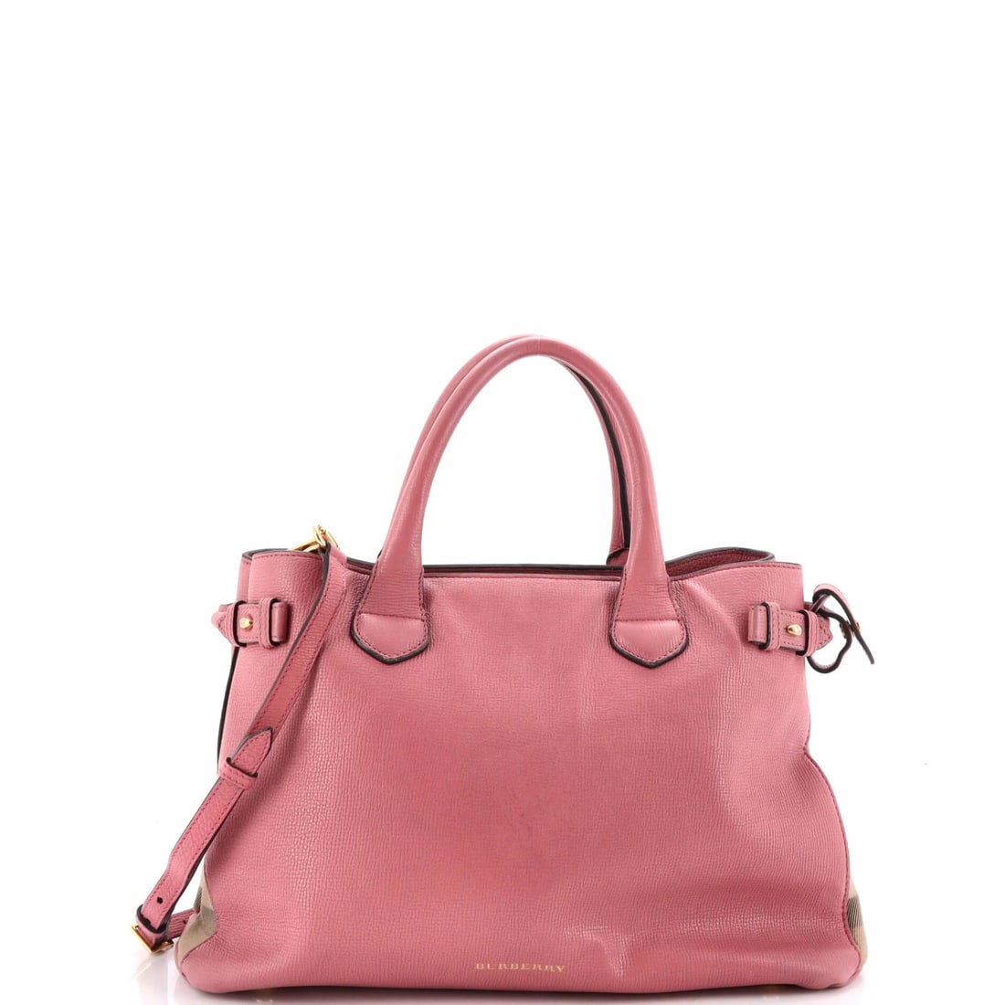 Burberry Banner Tote Leather and House Check Canvas Medium: Burberry Banner Tote Leather and House Check Canvas Medium The Burberry Banner Tote Leather and House Check Canvas Medium features a striking pink exterior with leather and house check canvas