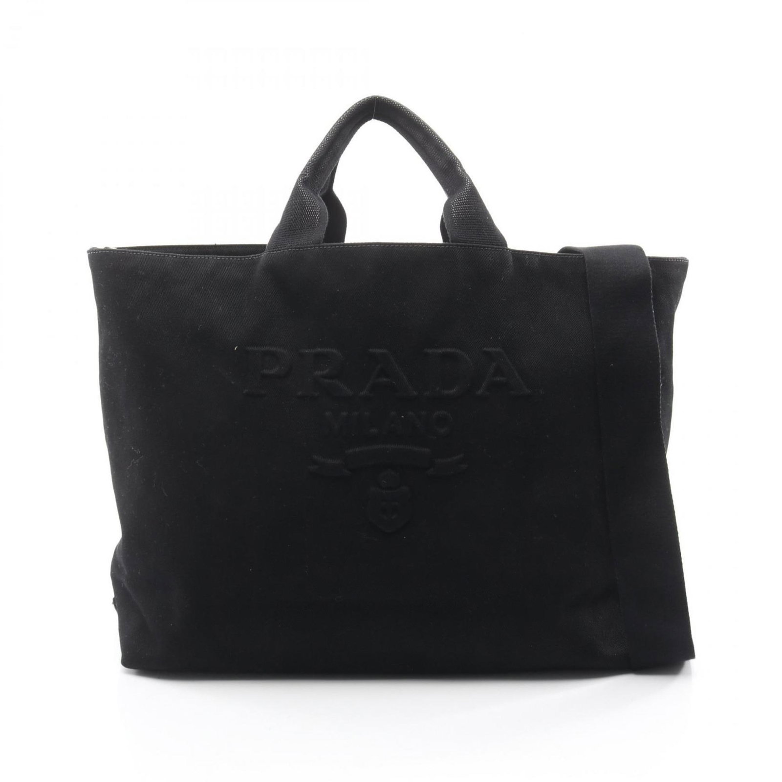Tote bag canvas by Prada: Tote bag canvas by Prada Canvas tote bag by Prada, made from high-quality black canvas with a size of 34cm x 42cm x 15cm. This stylish and functional bag features a classic design that exudes