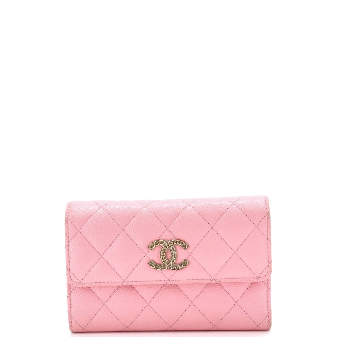 Quilted Classic Flap Gusset Medium Caviar Chanel Wallet: Quilted Classic Flap Gusset Medium Caviar Chanel Wallet Pink quilted caviar leather medium size classic flap wallet with gold hardware, featuring a signature and minor odor. The exterior shows scuffs