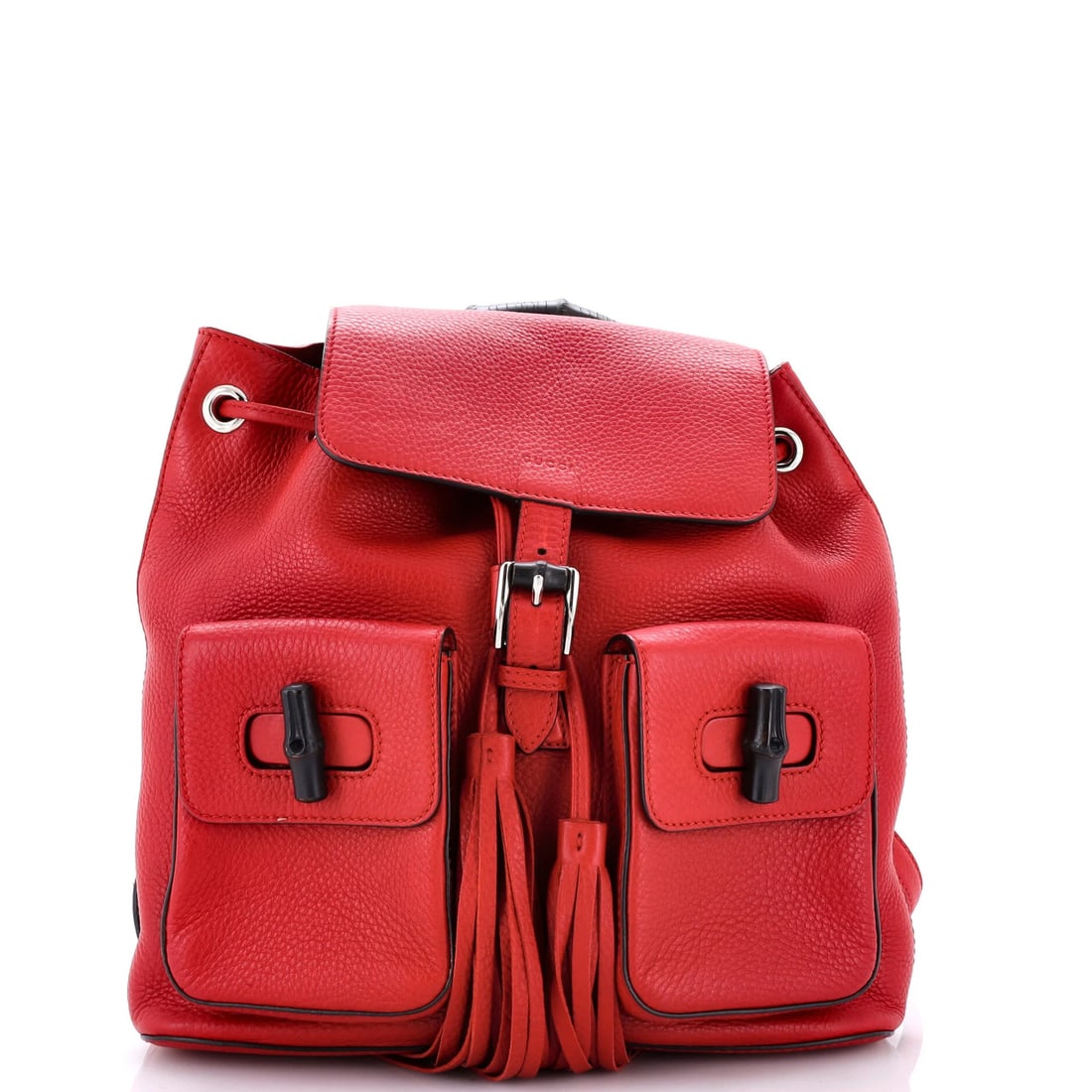 Gucci Bamboo Tassel Backpack Leather Medium: Gucci Bamboo Tassel Backpack Leather Medium Red Gucci Bamboo Tassel Backpack Leather Medium, featuring a classic design with minor creases and scuffs, measures 12" tall, 11.5" wide, and 4" deep, with 
