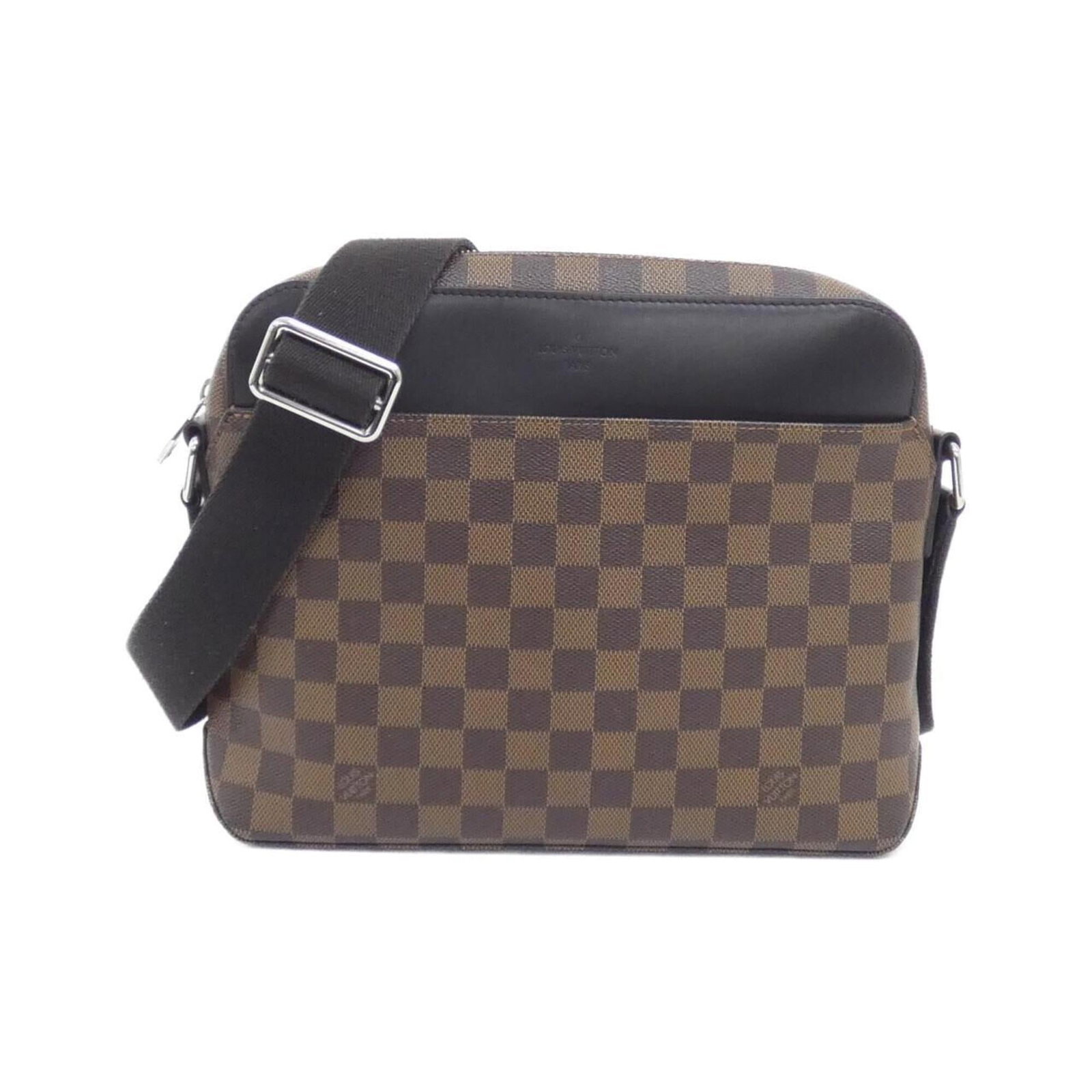 Shoulder bag coated canvas by Louis Vuitton: Shoulder bag coated canvas by Louis Vuitton Coated canvas by Louis Vuitton, featuring the iconic Damier Canvas and Ebene patterns. This shoulder bag boasts a classic design with clean lines and a time