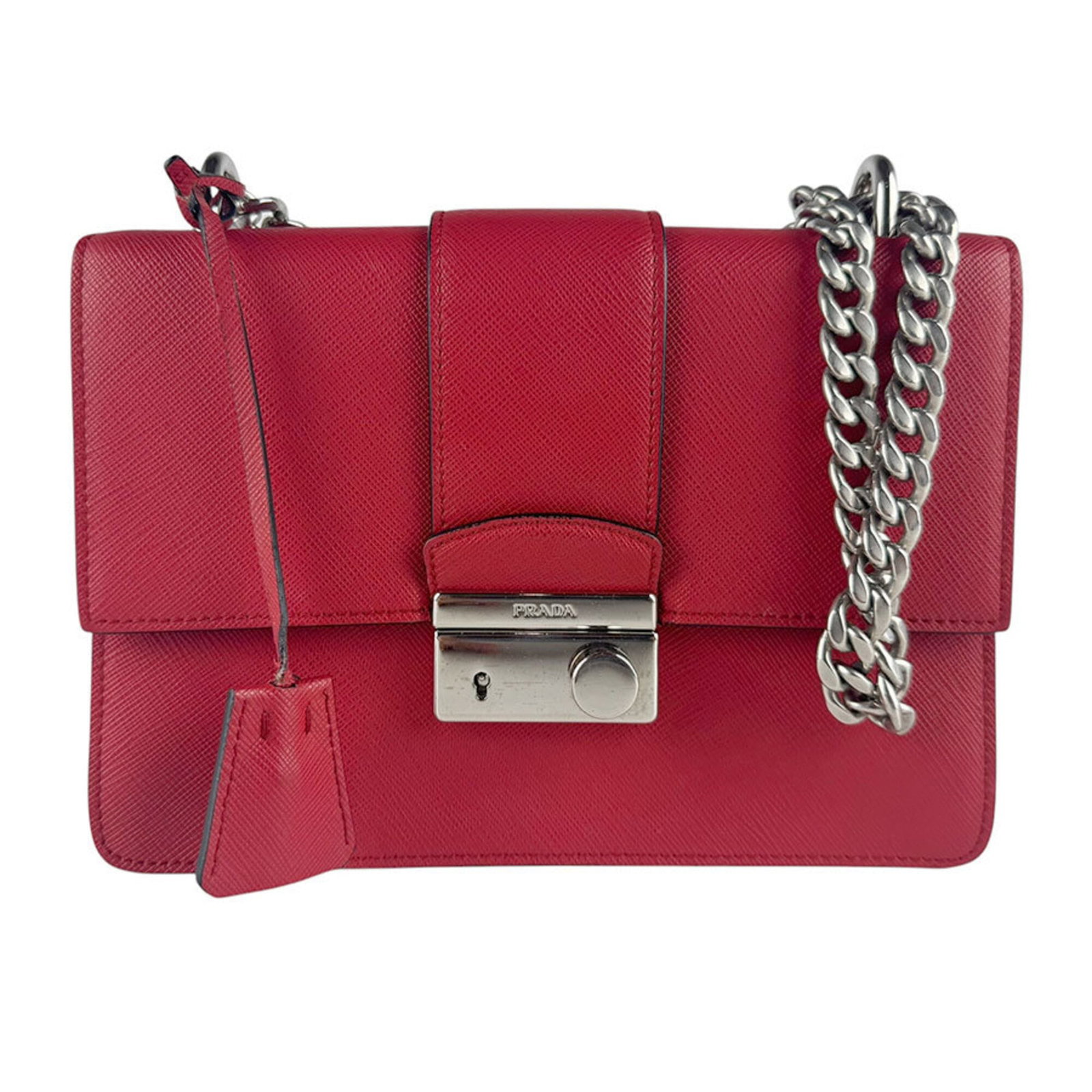 Shoulder Bag Leather by Prada: Shoulder Bag Leather by Prada Red leather shoulder bag by Prada, measuring 16cm x 21cm x 5cm. This stylish and compact bag features a bold red color, characteristic of the luxury brand's signature aes