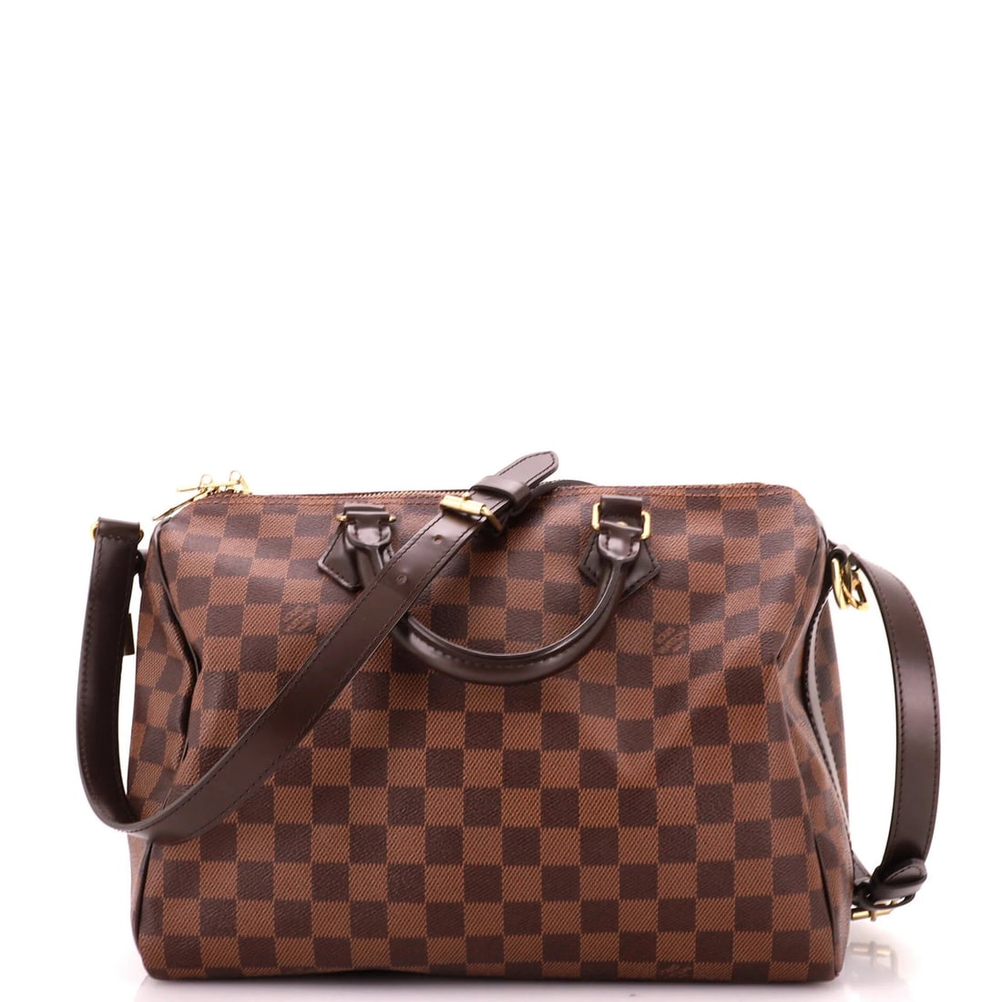 Damier Louis Vuitton Speedy Bandouliere Bag: Damier Louis Vuitton Speedy Bandouliere Bag The Damier Louis Vuitton Speedy Bandouliere Bag boasts its iconic Damier pattern and classic design, with a brown canvas exterior and red interior.