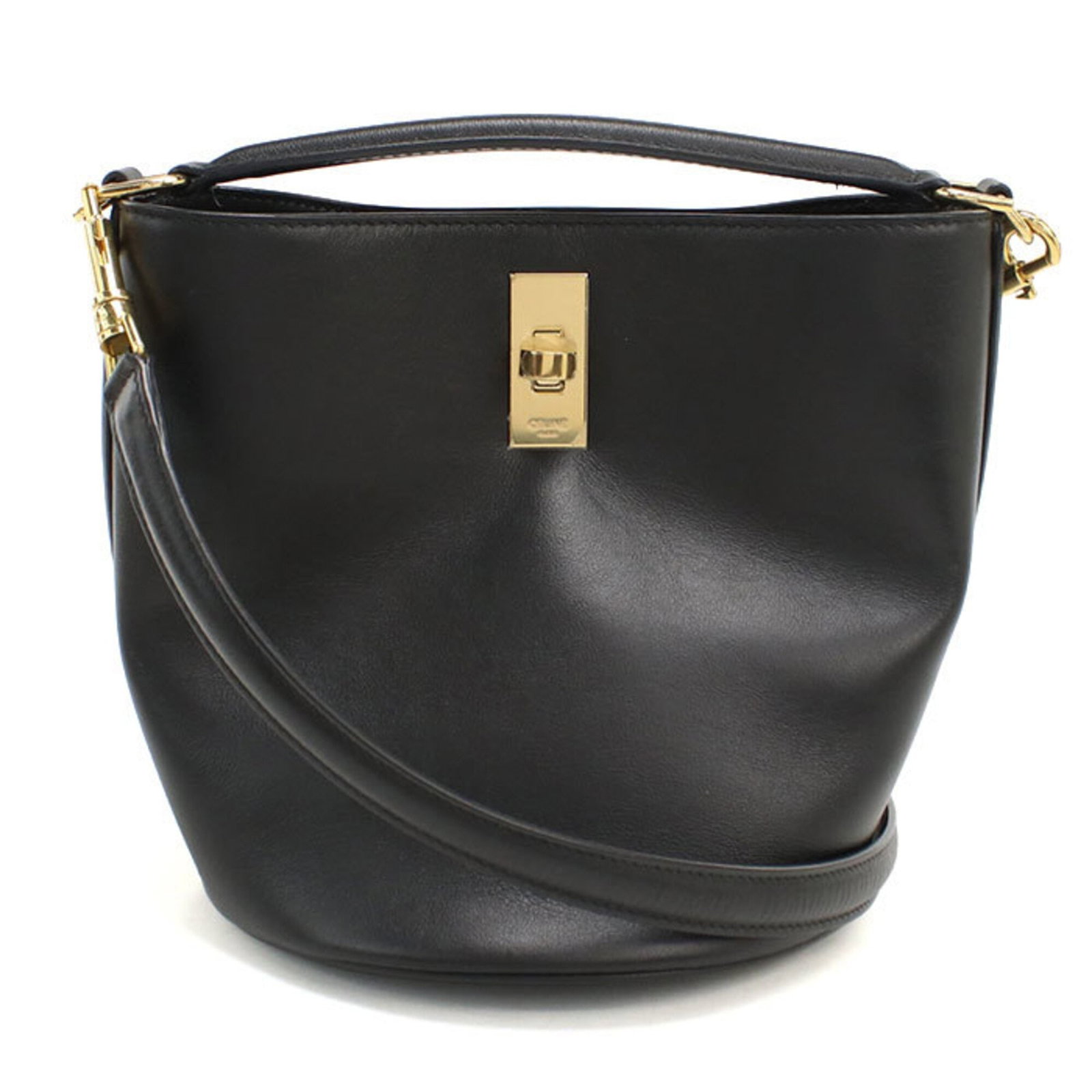 Handbag Celine Leather: Handbag Celine Leather Calfskin leather construction gives this black Celine handbag its sleek, sophisticated look. Made in Italy, the bag's gold hardware adds a touch of luxury to its clean design.
