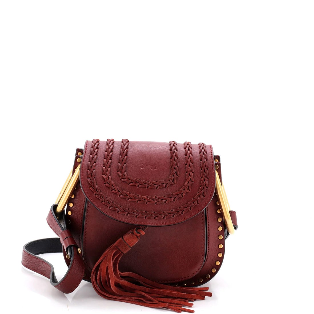 Chloe Hudson Handbag Whipstitch Leather Mini: Chloe Hudson Handbag Whipstitch Leather Mini Burgundy leather whipstitch details add a touch of sophistication to this Chloe Hudson Handbag Mini, featuring a neutral suede interior and aged gold hardw