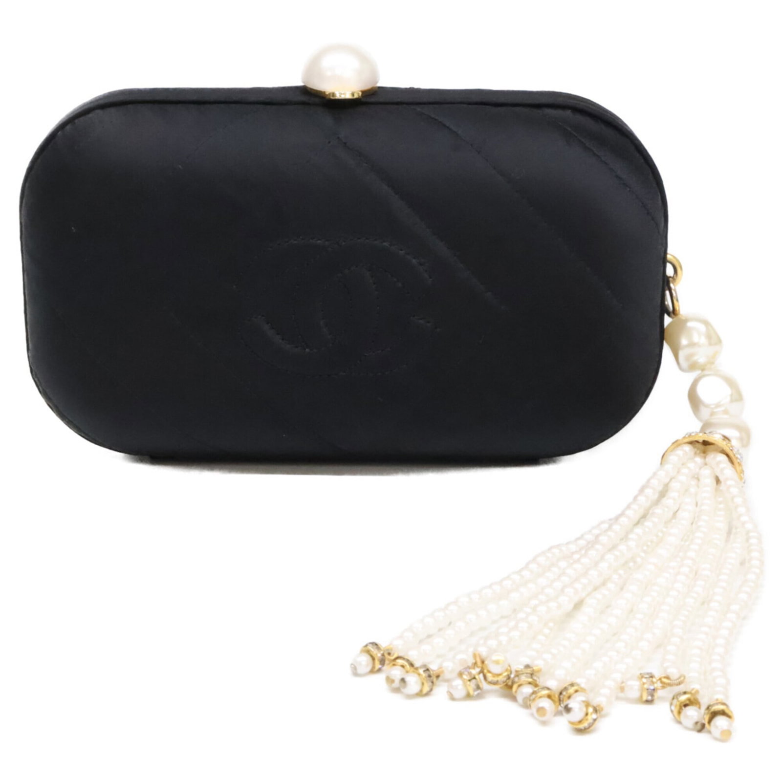 Satin clutch bag by Chanel: Satin clutch bag by Chanel Satin clutch bag by Chanel, featuring sleek black satin material and gold hardware, adds a touch of sophisticated elegance to any evening outfit. Measuring 9.5cm x 16cm x 4.