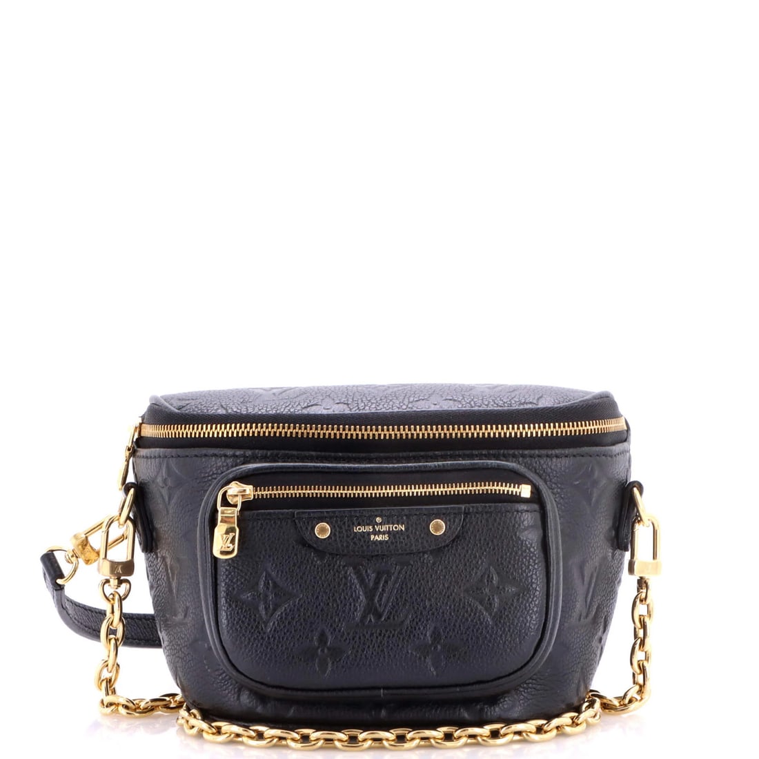 Vuitton Louis Bum Monogram Leather Mini Bag Empreinte: Vuitton Louis Bum Monogram Leather Mini Bag Empreinte Black Louis Vuitton Bum Monogram Empreinte Leather Mini Bag with Extra Strap, featuring a classic design and signature monogram pattern. This mini
