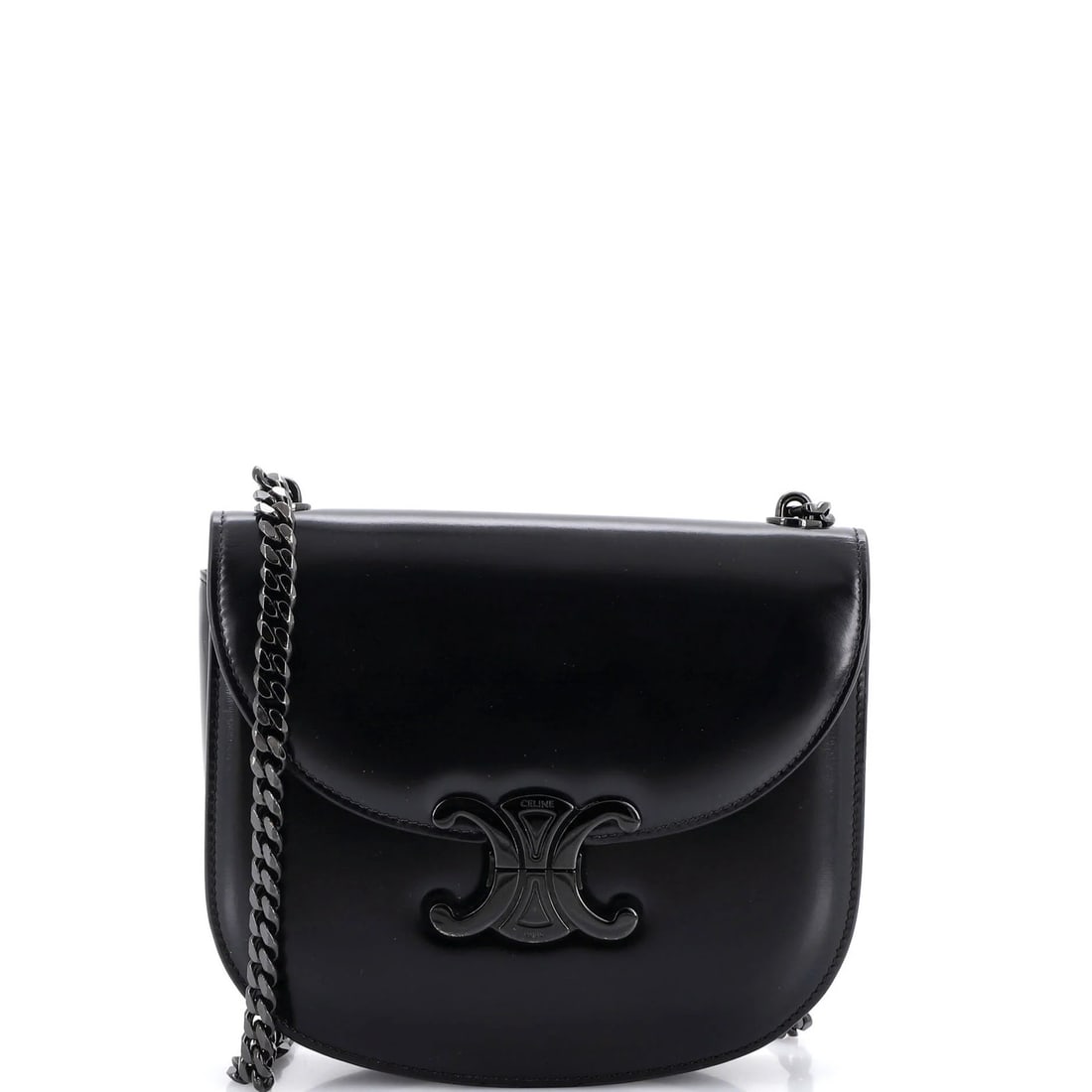 Celine Triomphe Besace Clea Chain Flap Bag Leather: Celine Triomphe Besace Clea Chain Flap Bag Leather Black Celine Triomphe Besace Clea Chain Flap Bag Leather, featuring exterior and interior leather construction with black hardware. Measuring approxi