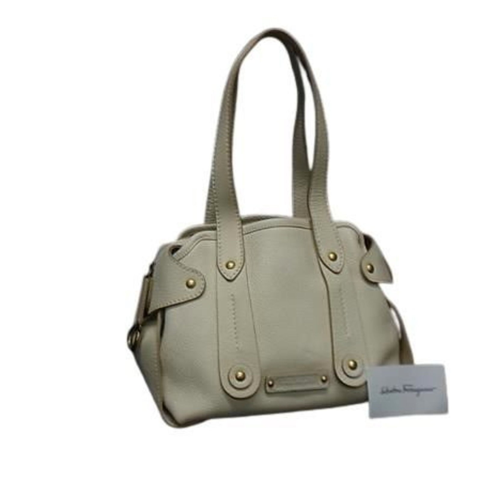Handbag Leather Tote Salvatore Ferragamo Shoulder: Handbag Leather Tote Salvatore Ferragamo Shoulder This Salvatore Ferragamo leather tote bag features an ivory color and zipper closure, with two functional pockets for added convenience. The 21.5cm x