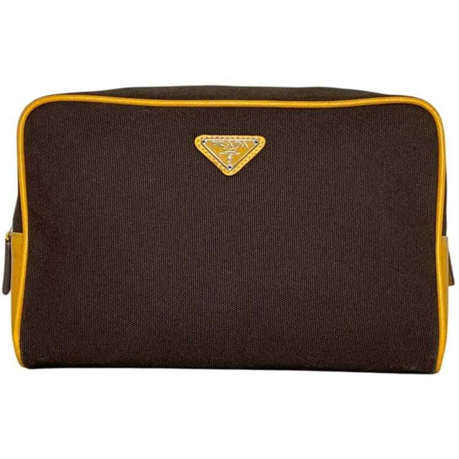 Canvas Leather Prada Handbag: Canvas Leather Prada Handbag Canvas and leather combine in this Prada handbag, available in brown and orange hues. The bag measures 15cm x 22cm x 9cm and features a canvas upper with leather accents.