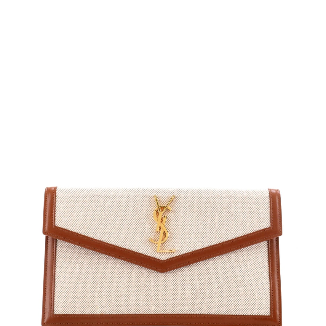 Saint Laurent Pouch Uptown Canvas: Saint Laurent Pouch Uptown Canvas The Saint Laurent Uptown Pouch Canvas features a neutral brown exterior with a canvas plain material, complemented by a black fabric interior. Minor corner wear and s
