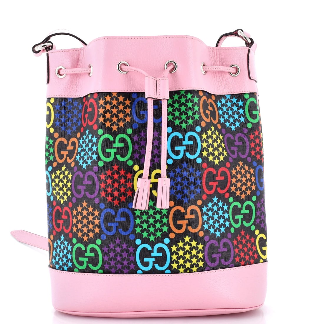 Gucci Medium Psychedelic Print Canvas Bag Coated Bucket: Gucci Medium Psychedelic Print Canvas Bag Coated Bucket Pink Gucci Medium Psychedelic Print Bucket Bag with Coated Canvas Exterior and Black Interior, featuring a unique multicolor design. This