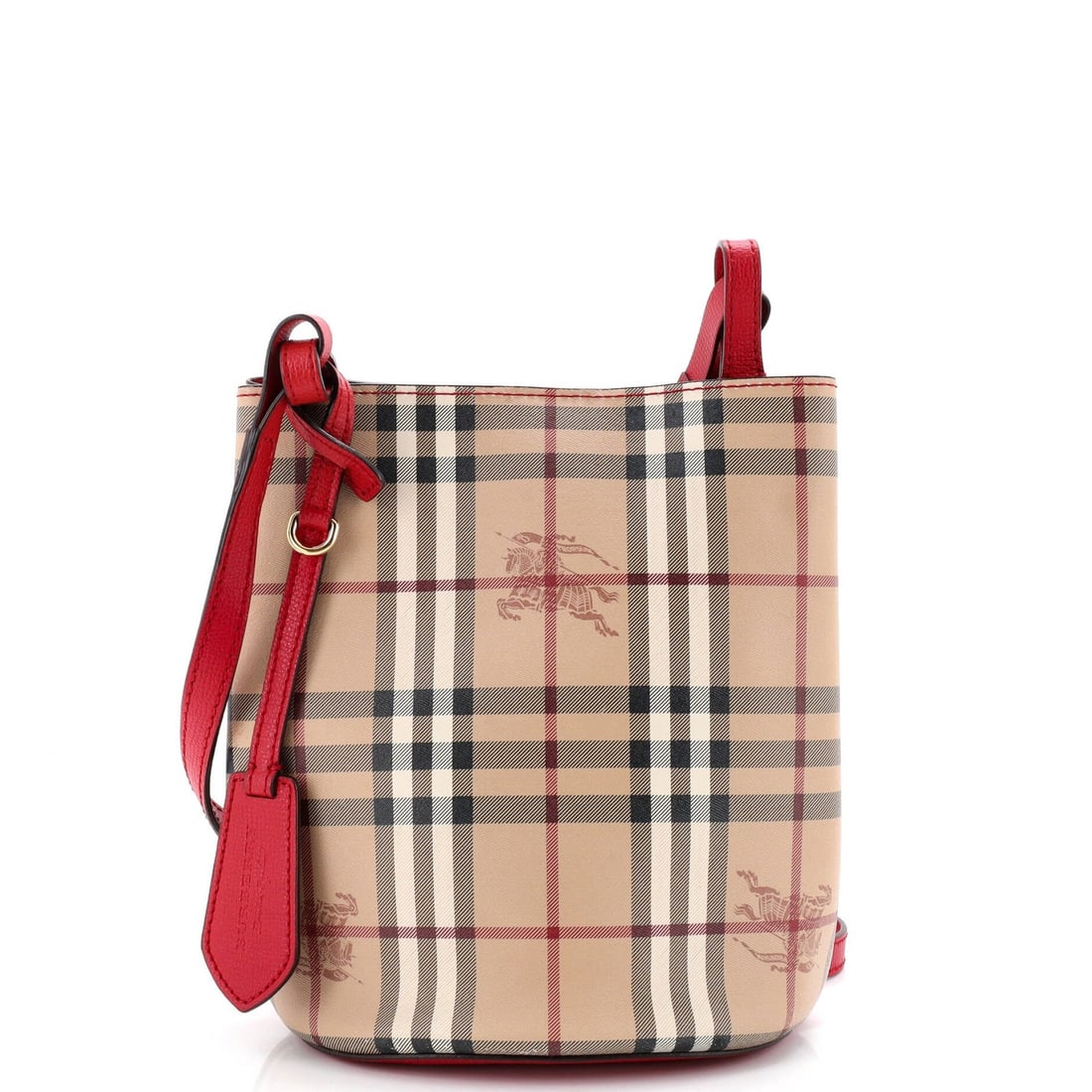 Burberry Coated Canvas Small Lorne Haymarket Bucket Bag: Burberry Coated Canvas Small Lorne Haymarket Bucket Bag The Burberry Coated Canvas Small Lorne Haymarket Bucket Bag boasts a stylish brown exterior with minor creases and scuffs, adding to its unique