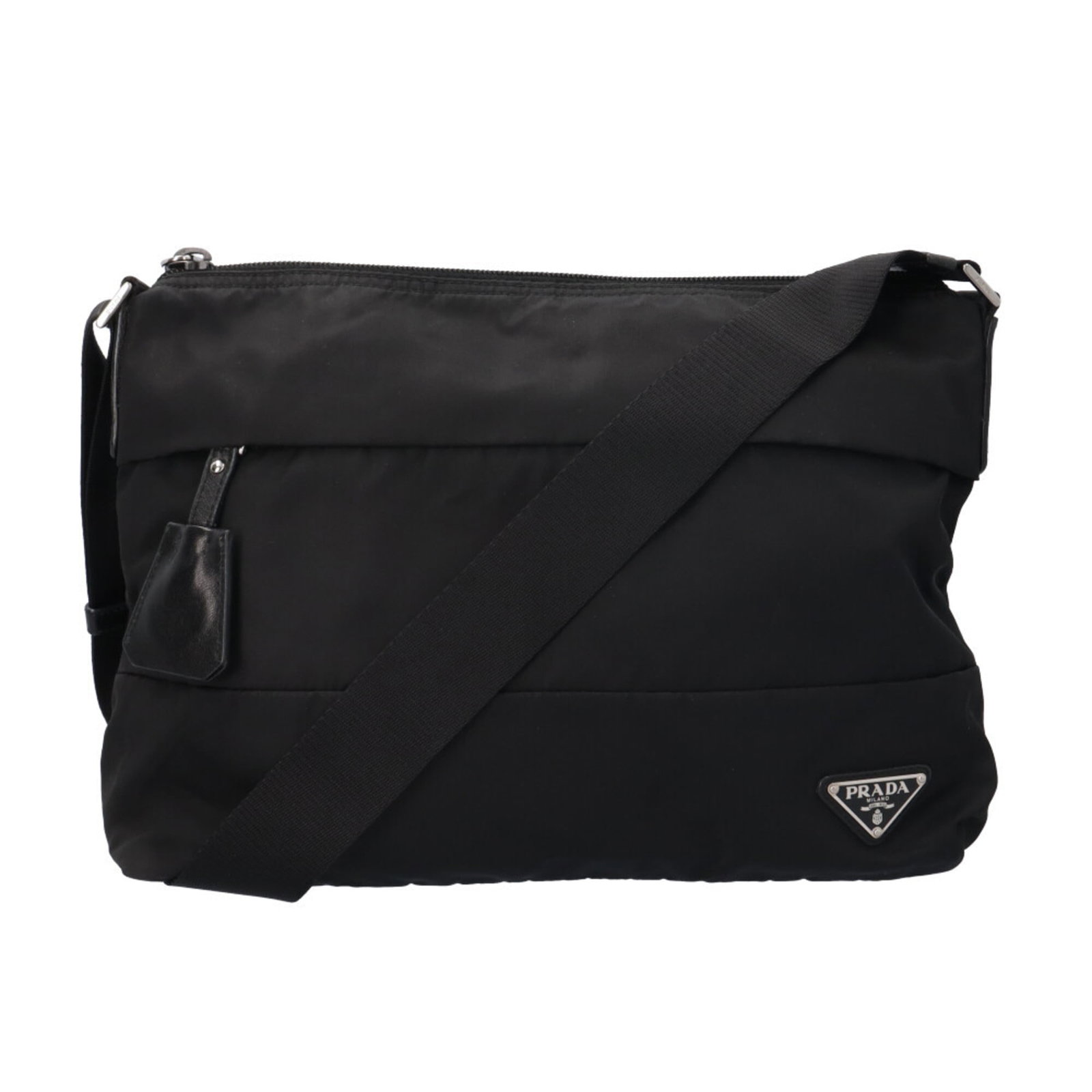 Shoulder Bag Nylon Prada: Shoulder Bag Nylon Prada Black Prada Country Shoulder Bag made from durable Nylon, featuring Silver hardware and two functional Zipper pockets for added convenience. Measuring 24cm x 32cm x 11cm, this