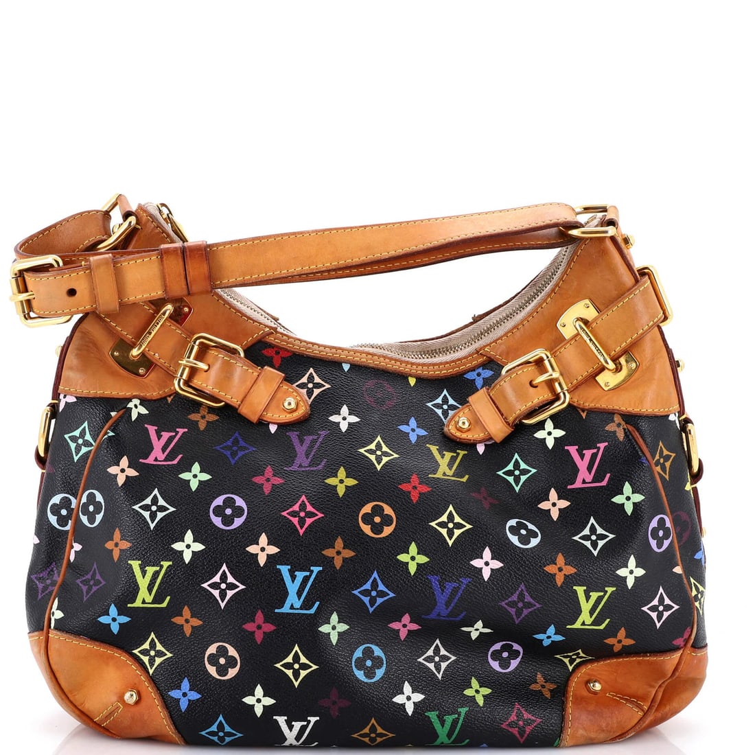 Louis Vuitton Greta Handbag Monogram Multicolor: Louis Vuitton Greta Handbag Monogram Multicolor Canvas Coated Louis Vuitton Greta Handbag in Black Monogram Multicolor, featuring a classic hobos style with gold hardware and neutral microfiber