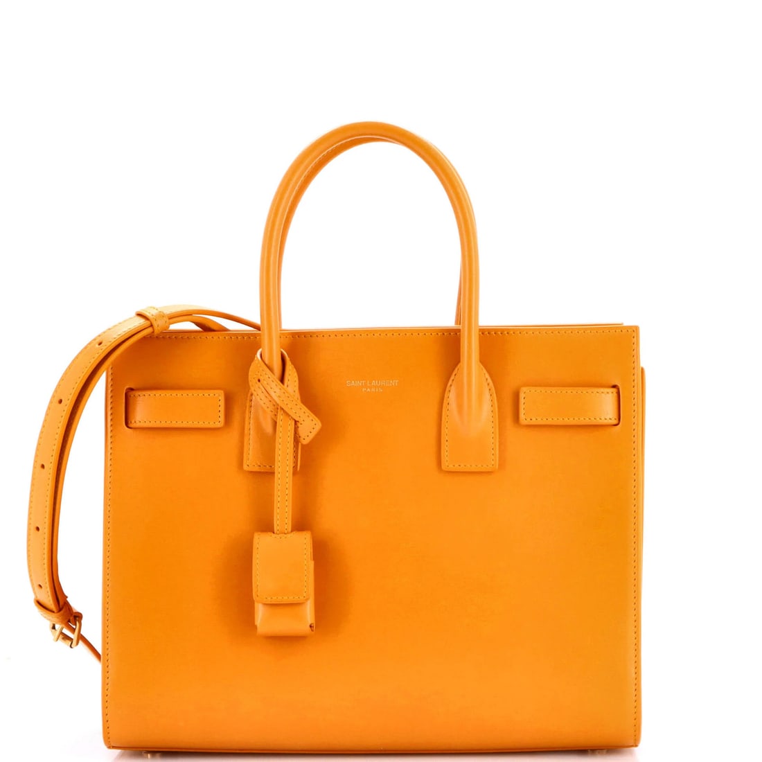 Leather Baby Sac de Jour Saint Laurent: Leather Baby Sac de Jour Saint Laurent Yellow Leather Sac de Jour Bag with Gold Hardware, featuring minor scuffs and corner wear on the exterior. This excellent condition Saint Laurent leather tote