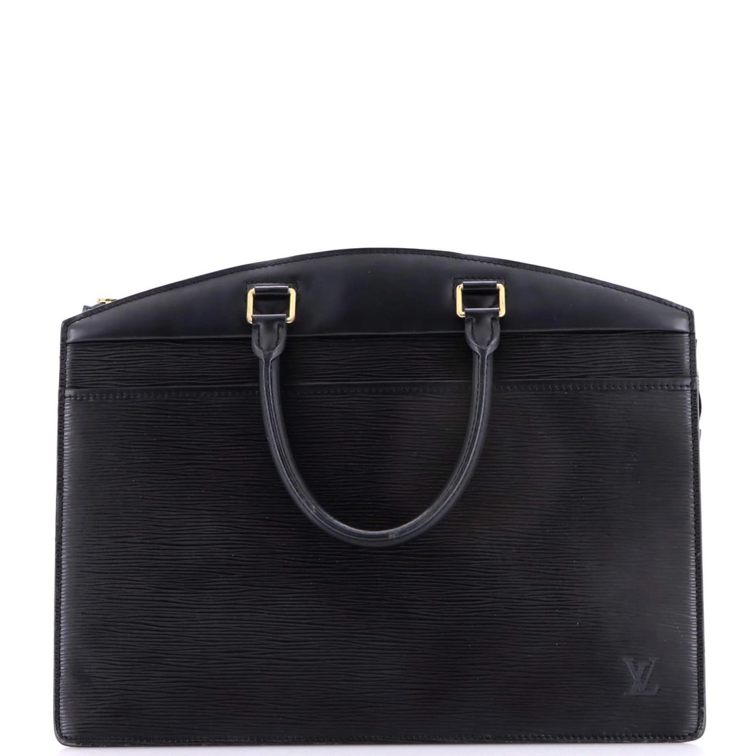 Louis Vuitton Riviera Handbag Epi Leather: Louis Vuitton Riviera Handbag Epi Leather Black Epi leather Louis Vuitton Riviera tote with gold hardware, featuring scuffed exterior and minor creases. The interior boasts gray leather and fraying ed