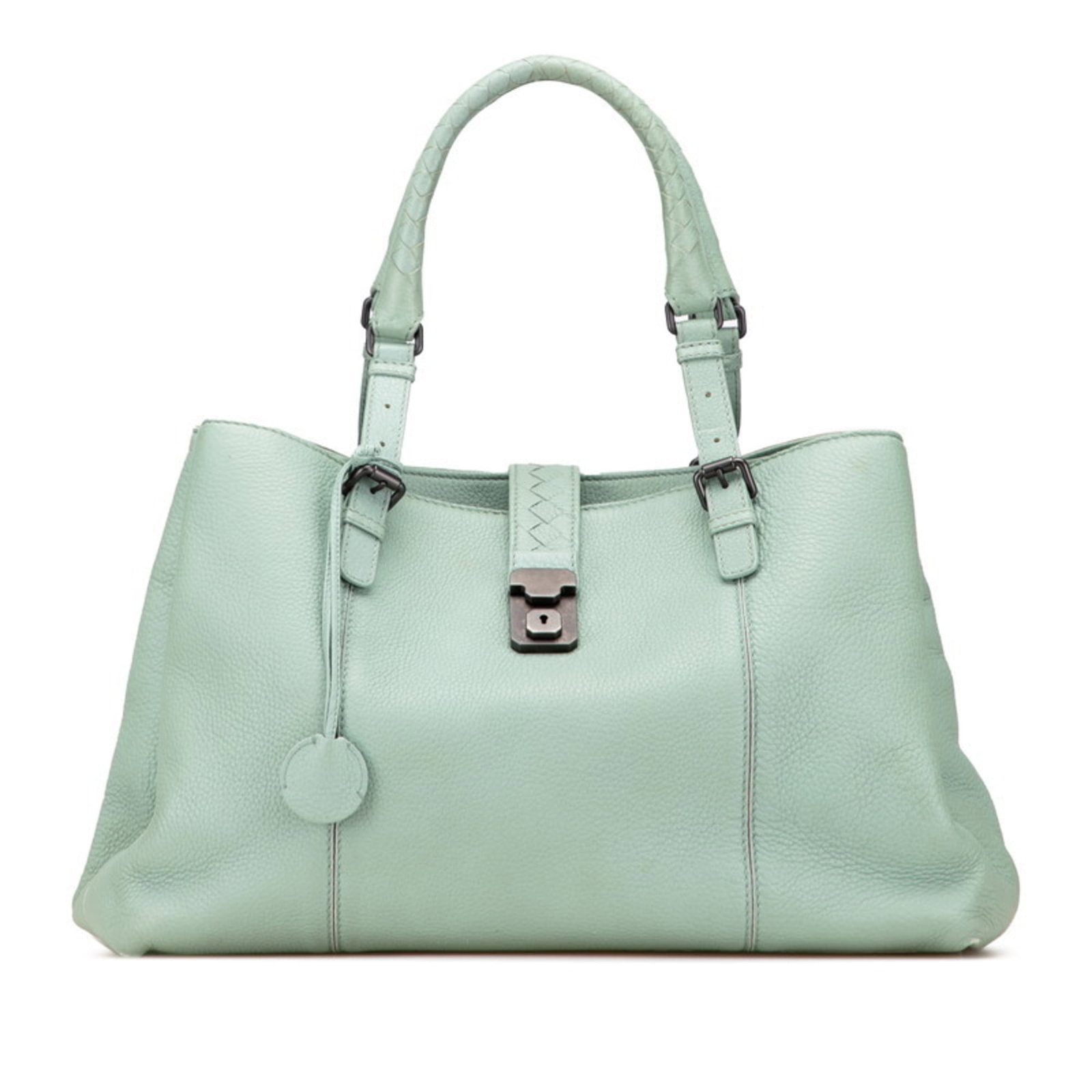 Veneta Leather Handbag: Veneta Leather Handbag The Veneta Leather Handbag boasts an iconic Intrecciato design, expertly woven into its sleek green leather exterior. Finished with a sturdy magnet closure and adorned with a