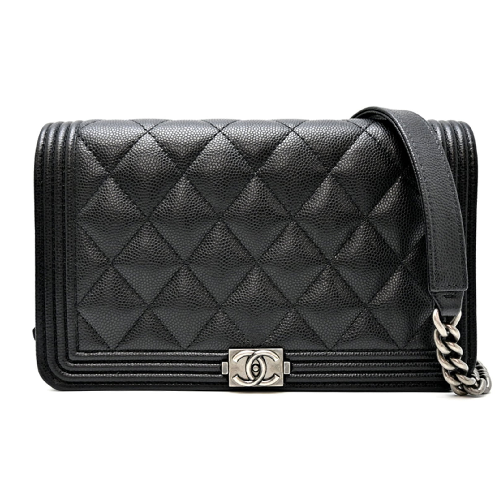 Chanel Chain/ Shoulder Wallet Grained Calfskin: Chanel Chain/ Shoulder Wallet Grained Calfskin Chain/Shoulder wallet in grained calfskin, available in black. This stylish accessory features a classic design with a chain strap and measures
