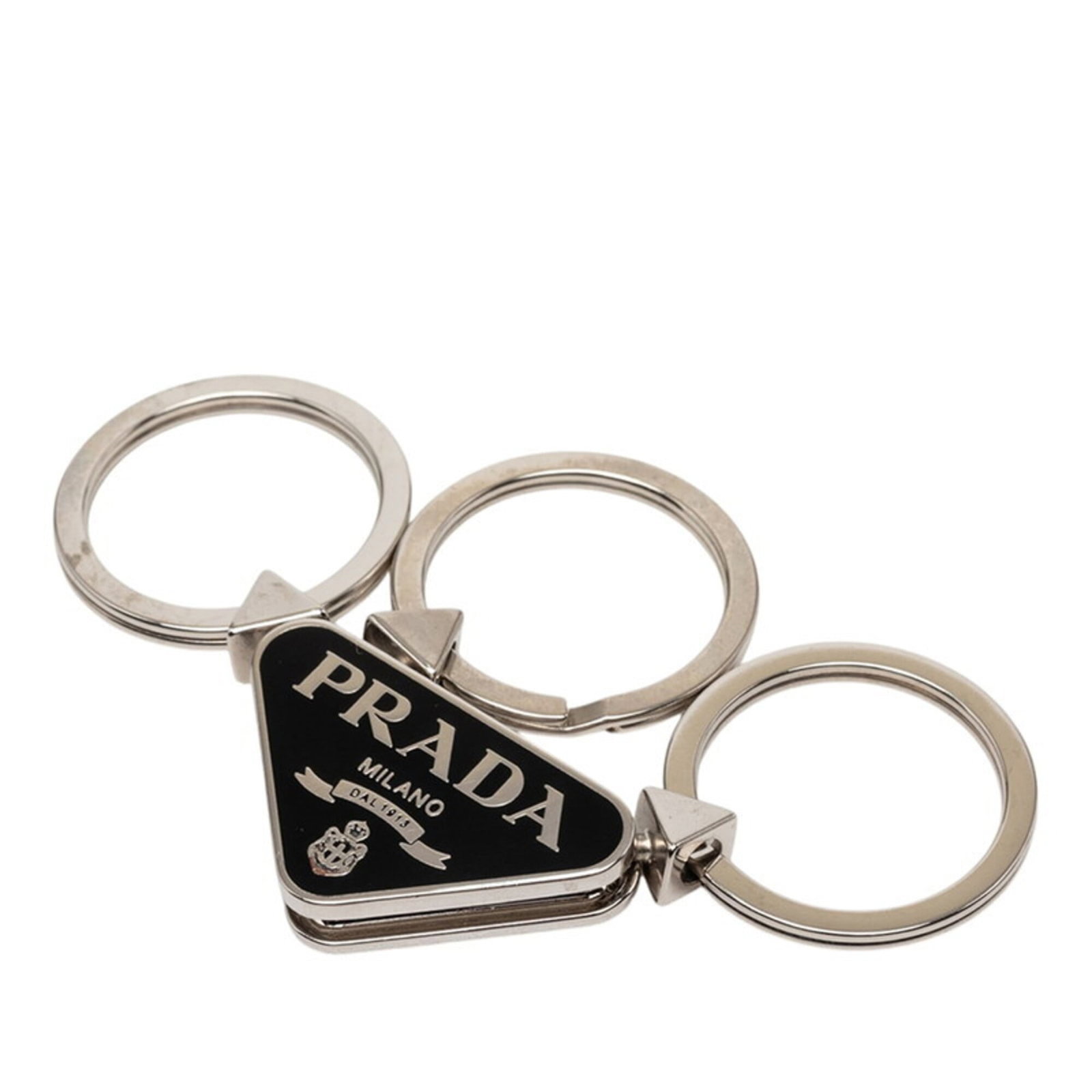 Prada keychain metal silver black women's plate triangle logo: Prada keychain metal silver black women's plate triangle logo Item Specifics: Brand: Prada Gender: Women Color: Black Material: Metal Size (HxWxD): 9cm x 4cm / 3.54'' x 1.57'' Product Disclaimer: