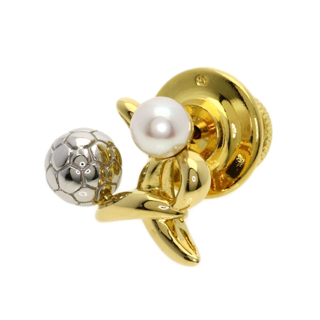 Mikimoto Pearl Soccer Motif Pin Brooch K18 Yellow Gold Pt950: Mikimoto Pearl Soccer Motif Pin Brooch K18 Yellow Gold Pt950 K18 Yellow Gold Mikimoto Pearl Soccer Motif Pin Brooch - A delicate pin featuring a striking soccer motif set against a backdrop of