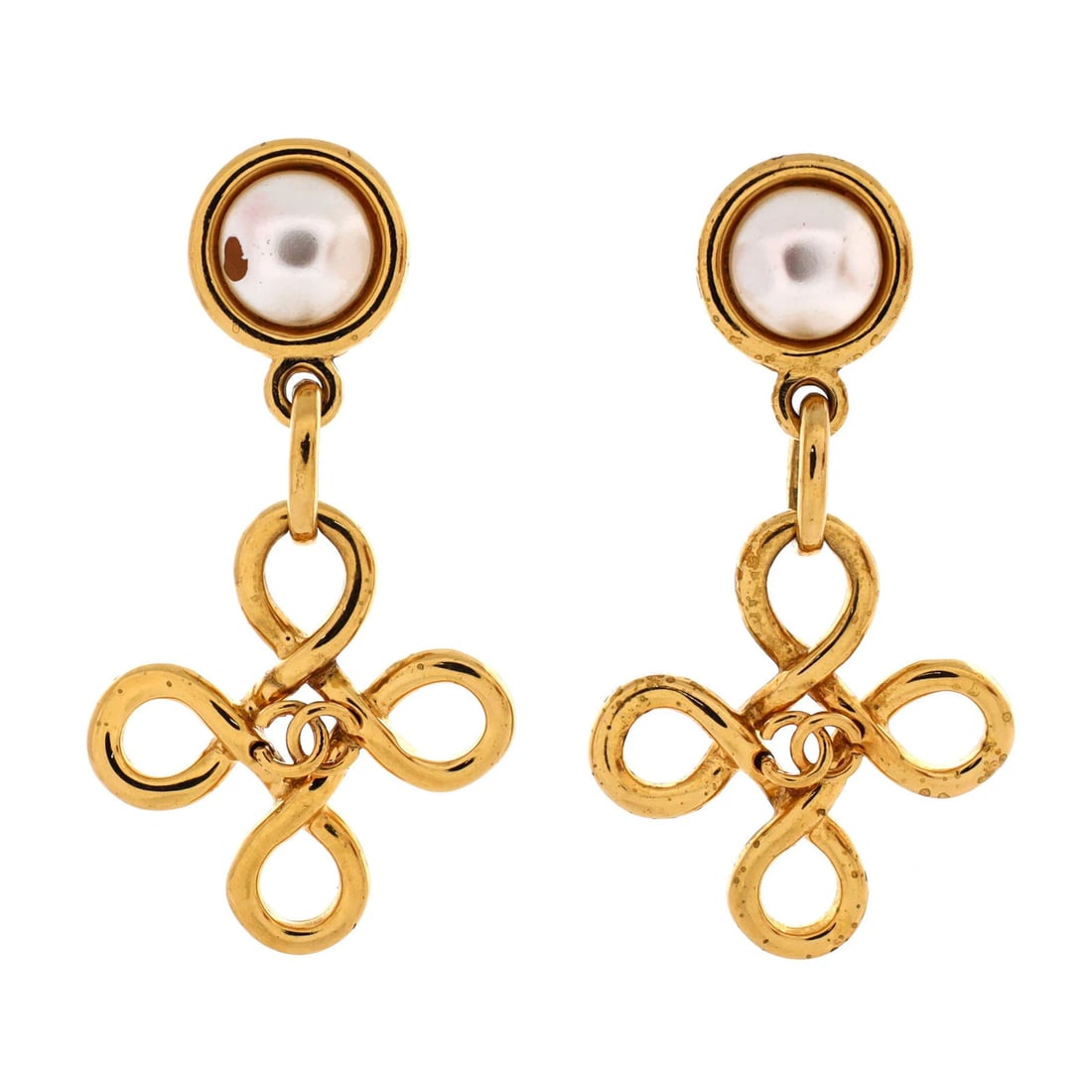 Metal Chanel Earrings Dangle CC Vintage With Pearl Faux Clip-on Cross: Metal Chanel Earrings Dangle CC Vintage With Pearl Faux Clip-on Cross Gold Metal Chanel Style Earrings with Faux Pearl CC Cross Dangle Design, Measuring 2.8" in Height and 1.5" in Width, Featuring a