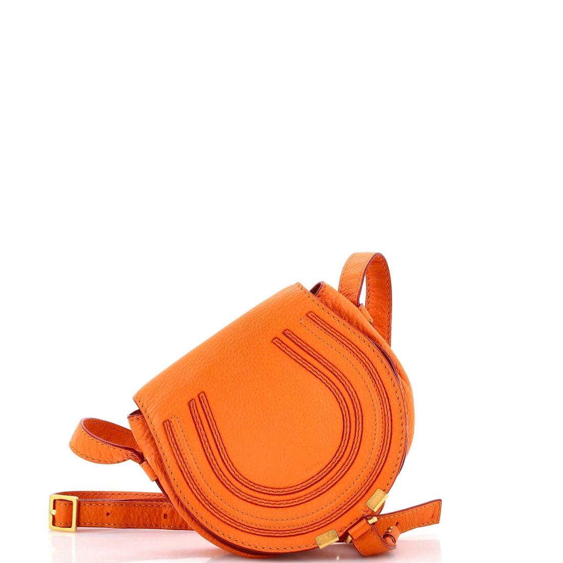 Chloe Marcie Crossbody Bag Leather Mini: Chloe Marcie Crossbody Bag Leather Mini The Chloe Marcie Crossbody Bag Leather Mini boasts vibrant orange leather exterior with a stylish mini size. Its sturdy gold hardware and green interior fabric