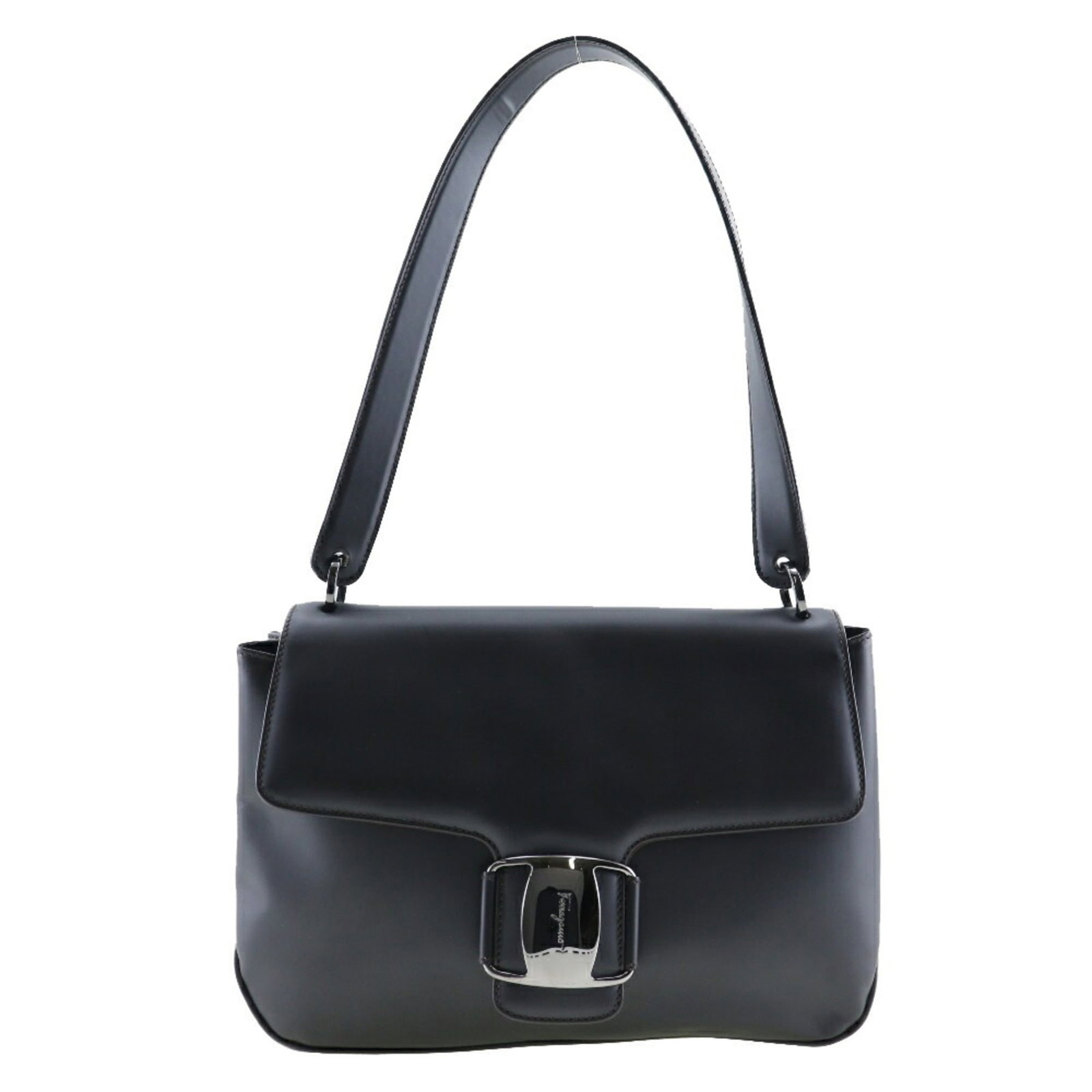 Shoulder bag leather by Salvatore Ferragamo: Shoulder bag leather by Salvatore Ferragamo Black calfskin shoulder bag by Salvatore Ferragamo, measuring 19cm x 27cm x 8cm. This sleek leather bag features a classic design and premium materials,