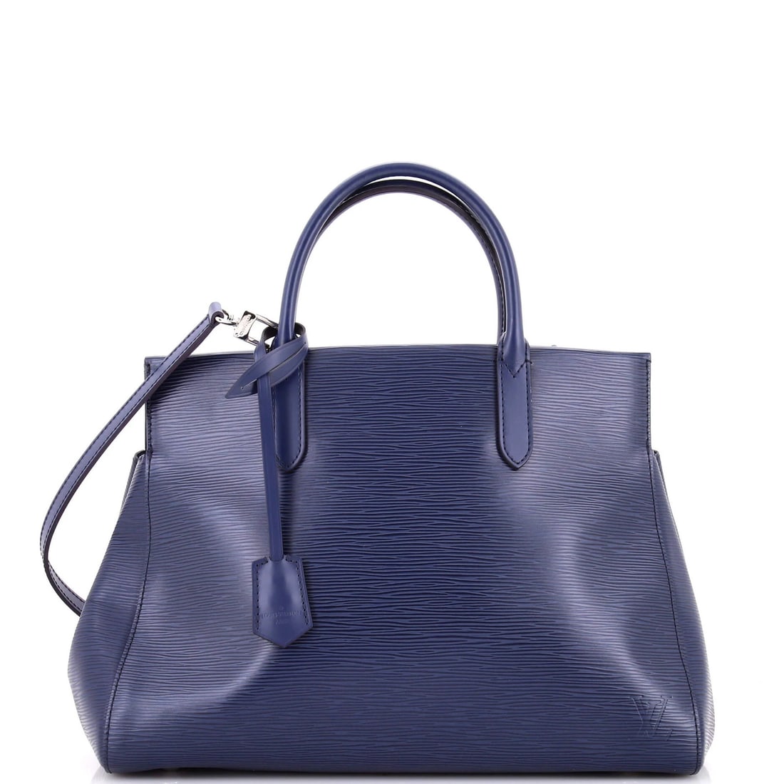 Louis Vuitton Marly Handbag Epi Leather MM: Louis Vuitton Marly Handbag Epi Leather MM The Louis Vuitton Marly Handbag Epi Leather MM boasts a striking blue exterior with scuffs and edge wear, giving it a worn-in look. This stylish satchel